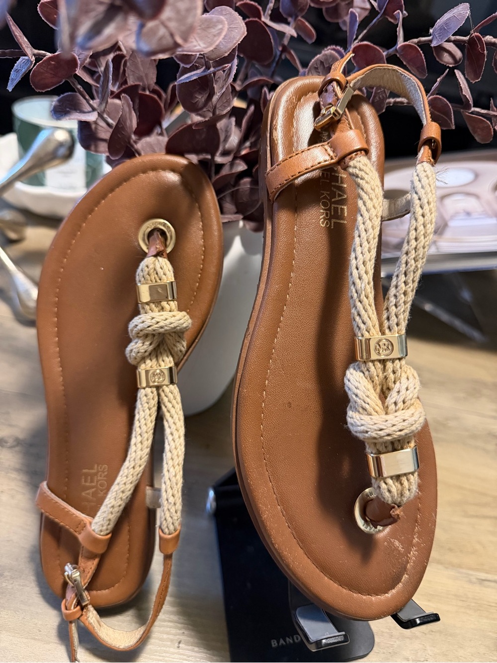 Michael Kors Brown Leather Sandals with Cream Rope Accents
